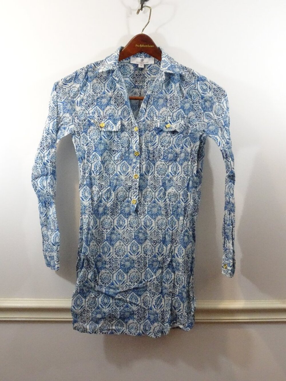 Jean Pierre Klifa Blue White Tile Pattern Sheer Tunic Coverup Size S Coastal